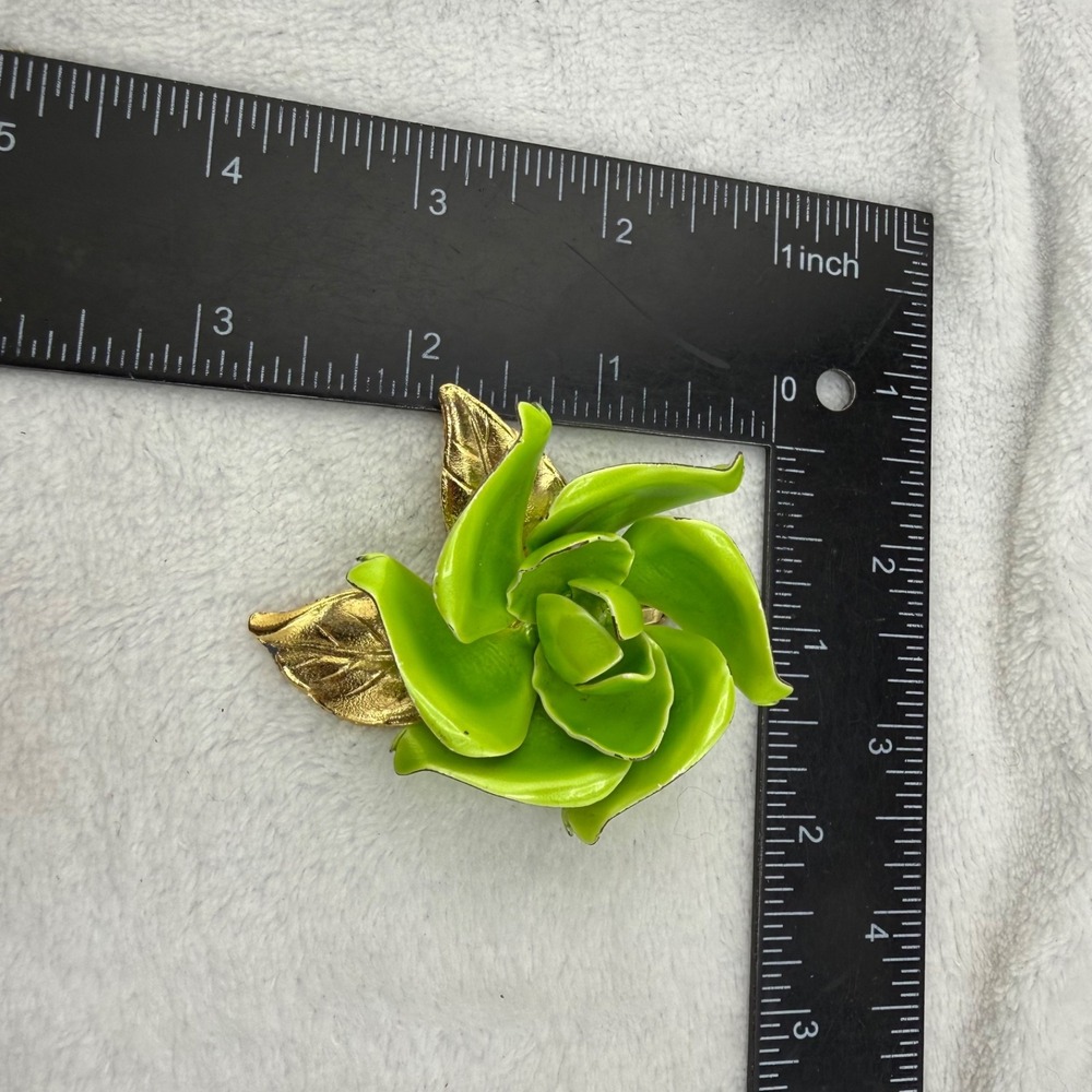 Vintage Enamel Flower Brooch Gold Tone Green Mod Pop Art - Picture 5 of 7